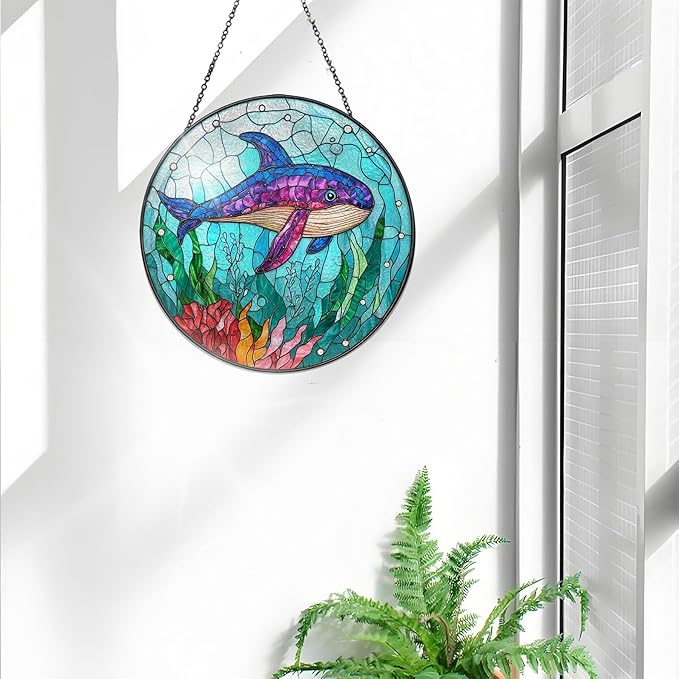 Bimkole Shark Stained Glass Suncatcher Window Hanging - Ocean Indoor Window or Doorway Decoration - Handmade Sun Catcher Decor for Garden Home Christmas & Birthday Gifts 7.87x7.87 Inch