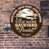 MeMate Personalized Backyard Paradise Sign - Customized Name Established Year Metal Sign for Outdoor Patio Decor, Restaurants, Farmhouse - Round Printed