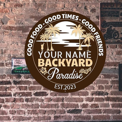 MeMate Personalized Backyard Paradise Sign - Customized Name Established Year Metal Sign for Outdoor Patio Decor, Restaurants, Farmhouse - Round Printed