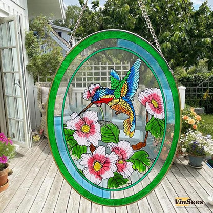 Hummingbird Stained Glass Window Hangings,Suncatcher for Window, Hummingbird and Flowers Hanging Ornament, Stained Glass Panel Home Decorations for Indoor Outdoor