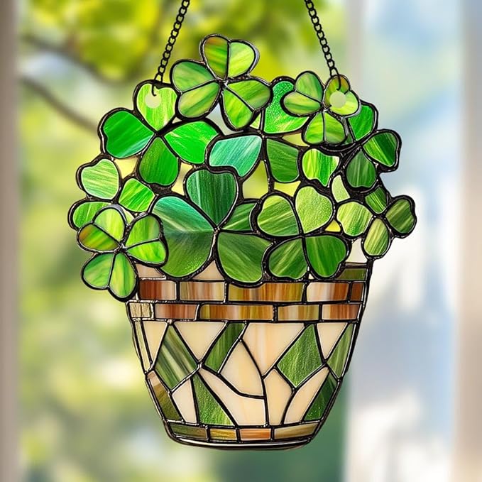 Shamrock Acrylic Suncatcher, Boho Suncatchers for Window Hanging Ornament, Stained Glass Effect Art Garden Decor for St Patrick's Day, Gifts for Mother's Day, Mom, Grandma, Wife, Women, Nana