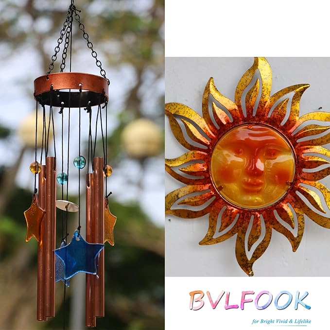 Sun Face Wind Chimes for Outside Valentine Decoration, Aluminum Tubes with Star Shape Suncatcher, Wind Chimes Hanging for Porch Patio Balcony Decor, 37 Inch