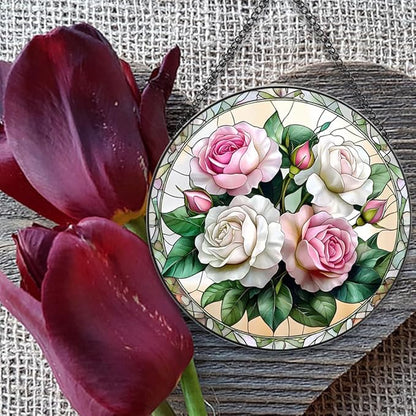Handmade Rose Stained Glass Sun Catcher - Elegant Floral Window Hanging Ornament, Suncatcher for Home & Garden Decor, for Valentine's Day, Weddings & Mother's Day (Pink, 6.3 * 6.3IN)