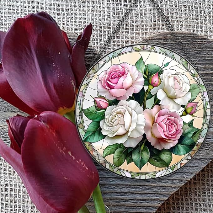 Handmade Rose Stained Glass Sun Catcher - Elegant Floral Window Hanging Ornament, Suncatcher for Home & Garden Decor, for Valentine's Day, Weddings & Mother's Day (Pink, 9.8 * 9.8IN)