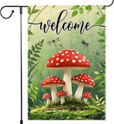 Welcome Spring Summer Mushrooms Garden Flag 12x18 inch Double-Sided Small Burlap Yard Outside Lawn Rustic Farmhouse Decorations
