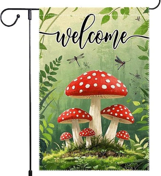 Welcome Spring Summer Mushrooms Garden Flag 12x18 inch Double-Sided Small Burlap Yard Outside Lawn Rustic Farmhouse Decorations