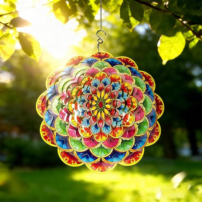 Floral Metal Wind Spinner Outdoors 12 Inch 3D Hanging Wind Spinner for Outdoor & Indoor Decor, Garden Yard & Porch Ornament, Unique Kinetic Sculpture Gift for Women - Christmas Thanksgiving Decoration