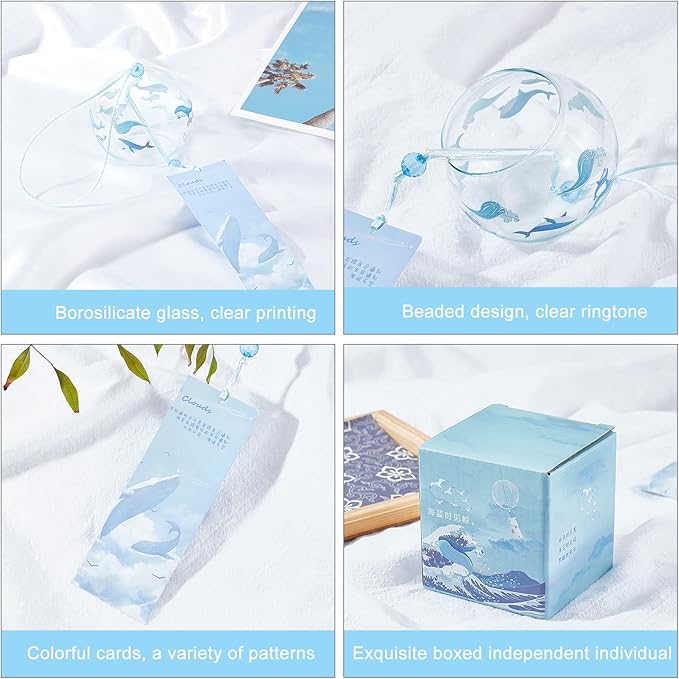 BENECREAT Japanese Wind Chimes Whale Pattern Glass Wind Bells Handmade Pendants for Birthday Gift, Home Christmas Party Decorations