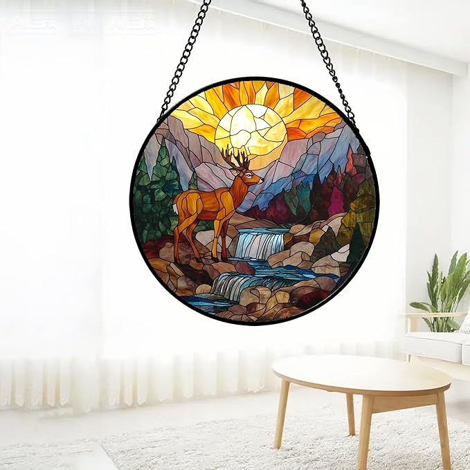 CHATYOUNG Stained Glass Window Hanging Sunset Forest River Elk Deer Large 15" - Mountain Suncatcher Door Garden Sun Catcher Decor Birthday Christmas for Woman Men Nana Friend Mom