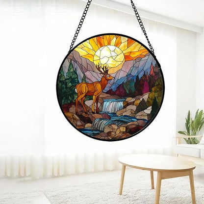 CHATYOUNG Stained Glass Window Hanging Sunset Forest River Elk Deer 6.3" - Mountain Suncatcher Door Garden Sun Catcher Decor Birthday Christmas for Woman Men Nana Friend Mom