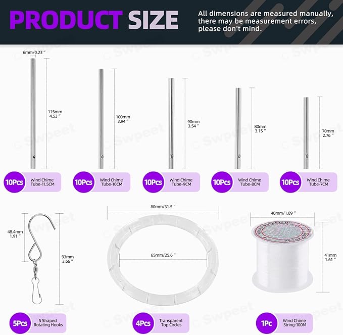 Swpeet 60Pcs Wind Chime Tubes Parts and Transparent Top Circles of Wind Chime with 100 Yard Wind Chime Wire and Swivel Hooks Clips Making