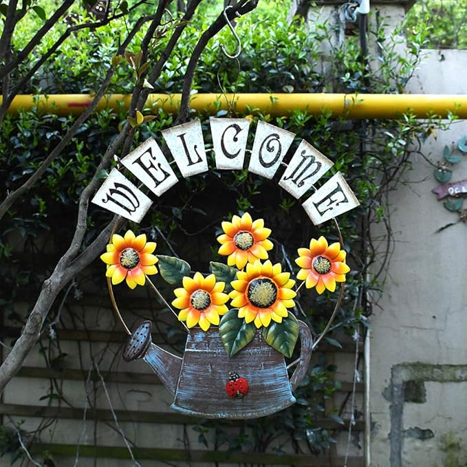 Welcome Sign Metal Hanging Sunflower Signs for Front Door Porch Wall - Rustic Decorative Door Hanger Indoor Outdoor Spring Decoration Wreath Decor (B)