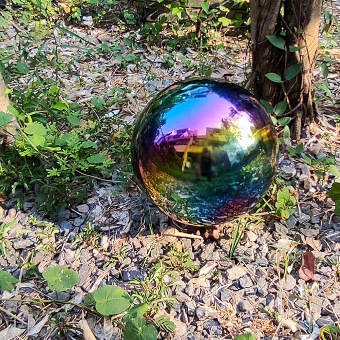 20cm/8 inch Garden Sphere Mirror Gazing Ball,Rainbow Stainless Steel Polished Reflective Smooth Hollow Globe Ball,Durable Colorful and Shiny Decorations Addition to Garden Patio Yard Home