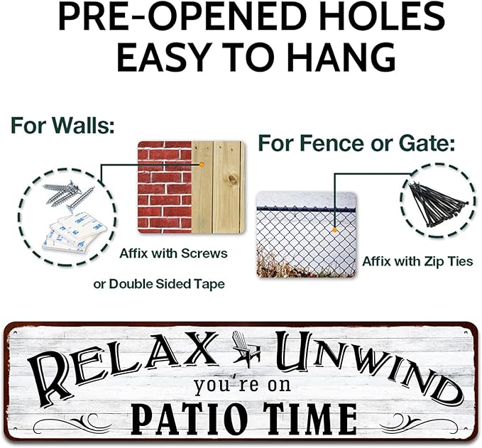 Patio Wall Decor Backyard Patio Signs And Decor Outdoor 4" by 16" Tin Sign For Home, Bar, Porch - Relax Unwind You're On Patio Time