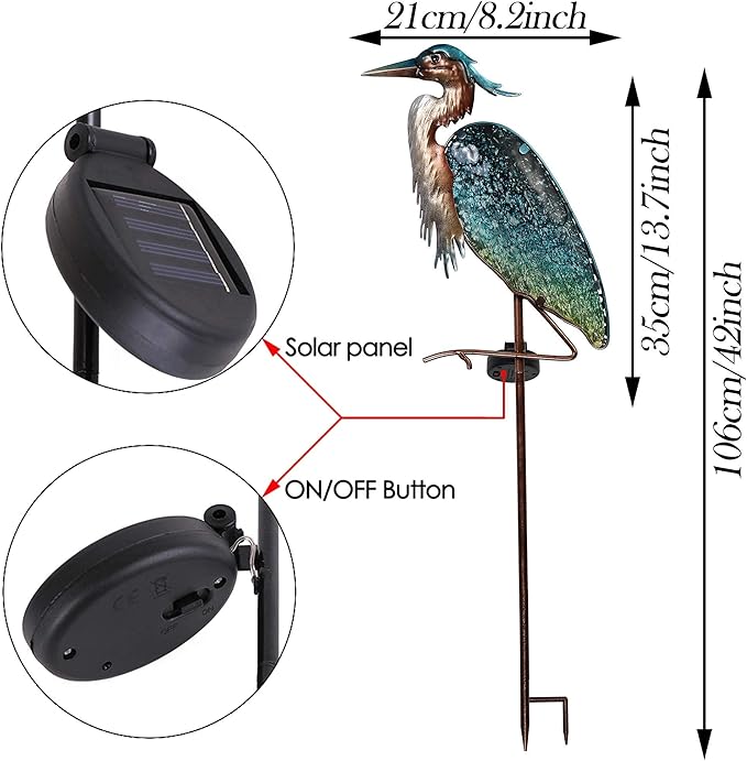 TERESA'S COLLECTIONS 42 inch Glass Blue Heron Solar Stake Light + Metal Pelican Statue for Garden Decor, Decorative Bird Art Sculpture Ornaments for Patio Lawn Backyard Outdoor Decorations