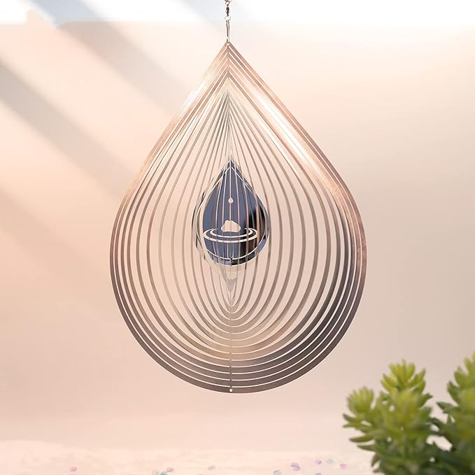Wind Spinner 3D Water Droplets Shape Highly Reflective Stainless Steel Metal Outdoor Garden Decor, Decorations to Scare Away Yard Birds 12 inch, Gifts for Women Mom Dad