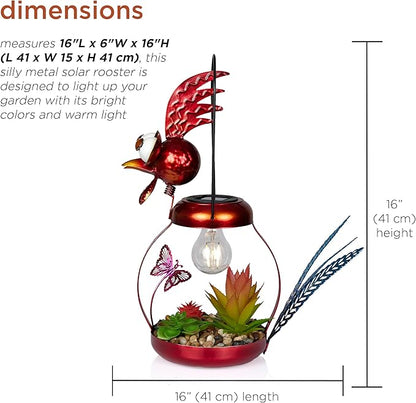 Alpine Corporation LYT286SLR-HH Solar-Powered Metal Rooster w/Garden Enclosed LED Light Decor, Solar Patio Decor, 16''H, Red