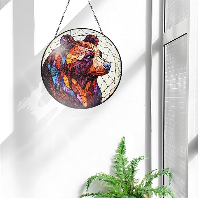 Bimkole Bear Stained Glass Suncatcher Window Hanging - Animals Design for Indoor Window or Doorway Decoration - 7.87x7.87 inch with Chain and Hook - Unique Home Decor Gift