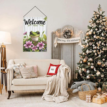 Welcome Frog Pink Flowers Garden Flags 12×18 Inch Double Sided Decorative Yard Banner Seasonal Flag for Outdoor Outside Decor