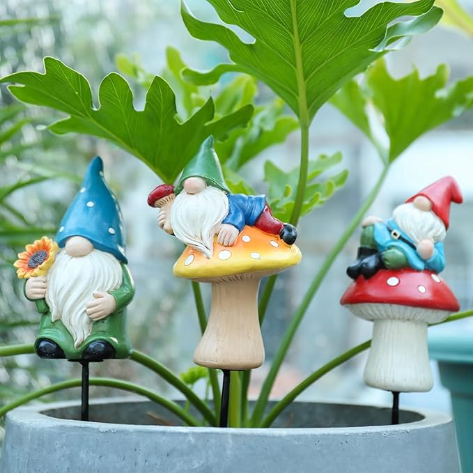 Garden Gnome Statue, Resin Miniature Gnome Set of 3PCS, Figurine with Garden Stakes for Lawn Patio Yard Outdoor Home Decor