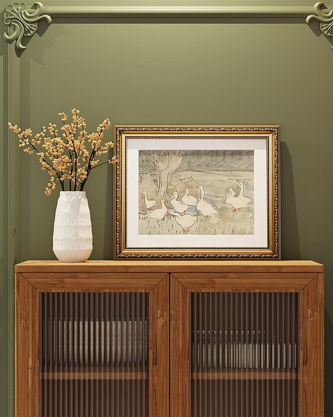 ARPEOTCY Vintage Gold Framed Wall Art, Farmhouse Nursery Duck Paintings, Rustic Canvas Prints Artwork with Antique Frame, Wall Decor Cute Duck Illustration Decorations for Home, 13x16 inch