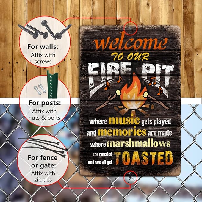 Yniaun Decor Welcome to Our Fire Pit Funny Camper/Camping Metal Tin Signs Vintage Patio Back Yard Decorations Gifts 8 X 12 Inch Indoor/Outside Accessories - Music Gets Played & Memories Are Made
