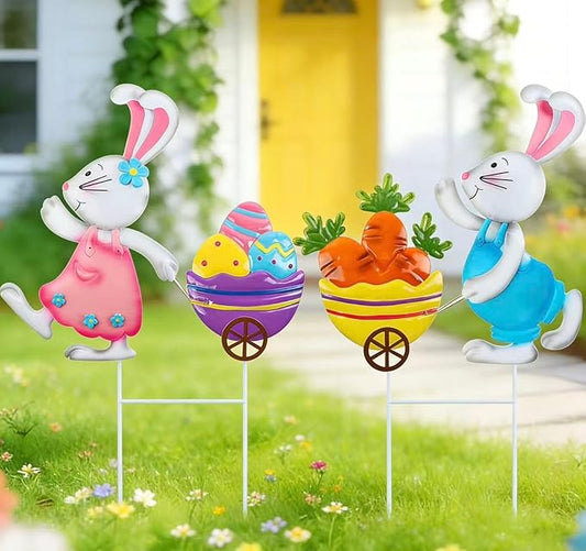 2 Pack Easter Bunny and Egg Lawn Stakes - Spring Bunny Yard Stakes with Metal Stakes for Easter Outdoor Yard Decor Easter Patio Stakes
