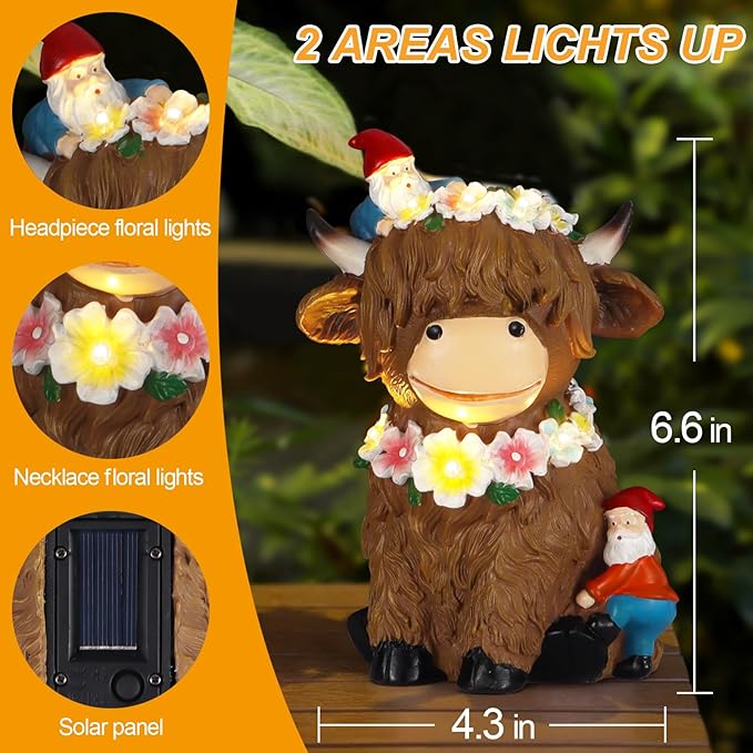 Solar Highland Cow Garden Decor 6.6” Outdoor Statue Resin with Flower Decoration Funny Two Christmas Gnomes Decor,Birthday Gifts for Women Mom Highland Cow Figurine for Yard Patio Lawn Ornaments