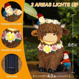Solar Highland Cow Garden Decor 6.6” Outdoor Statue Resin with Flower Decoration Funny Two Christmas Gnomes Decor,Birthday Gifts for Women Mom Highland Cow Figurine for Yard Patio Lawn Ornaments