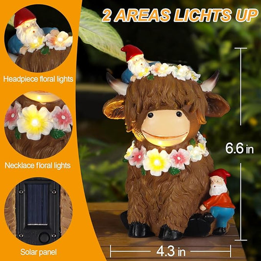 Solar Highland Cow Garden Decor 6.6” Outdoor Statue Resin with Flower Decoration Funny Two Christmas Gnomes Decor,Birthday Gifts for Women Mom Highland Cow Figurine for Yard Patio Lawn Ornaments