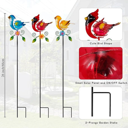 Birds Solar Garden Lights, 26" H Whimsical Decorative Solar Stake Light, 3 Pcs Outdoor Cardinal Statues Figurine Lights for Garden Lawn Patio Yard Decoration