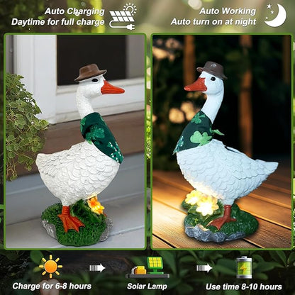 HONGLAND Solar Porch Goose Garden Statue with Glowing Flower, 10" Solar Duck Decorative Figurine for Outdoor Lawn Patio Yard Backyard Porch Ornaments - Unique Gift for Women