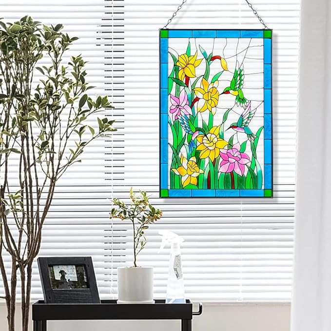 Viveta Hummingbird Stained Glass Window Hanging, Birds and Flowers Suncatcher for Window, Hummingbird Stained Glass Panel Hanging Ornament(Rectangular 10 * 15")
