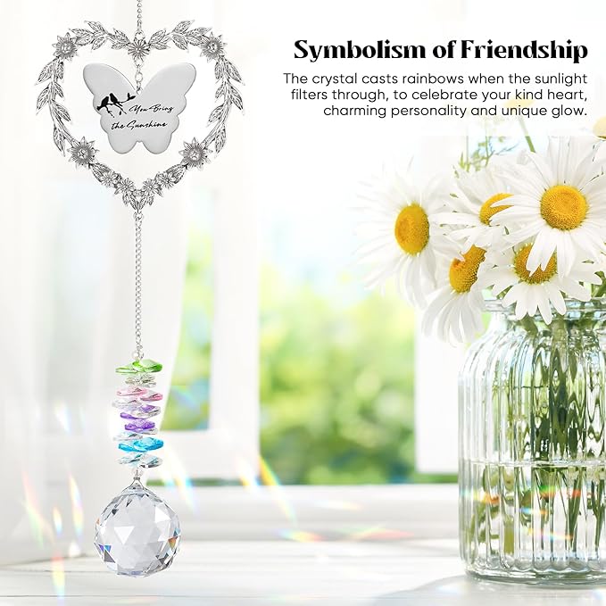 Friendship Gift Suncatcher, Best Friend Crystal Hanging Ornament for Window, Friend Birthday Gifts Unique Rainbow Maker, You Bring The Sunshine Farewell Graduation Gift for Bestie