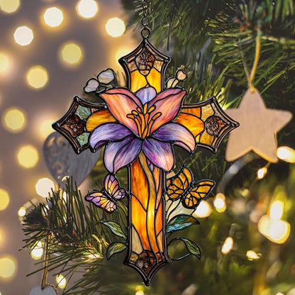 Magnolia Cross Acrylic Suncatcher Stained Glass Effect Window Car Hanging Christmas Ornament Indoor Outdoor Decor Garden Memorial Sun Catcher for Family Christmas Jesus Gift for Women Mom Grandma