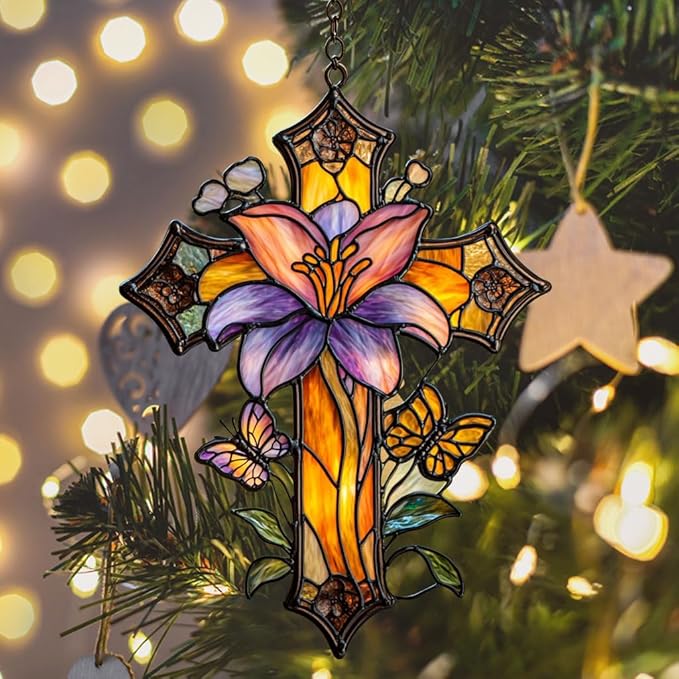 Magnolia Cross Acrylic Suncatcher Stained Glass Effect Window Car Hanging Christmas Ornament Indoor Outdoor Decor Garden Memorial Sun Catcher for Family Christmas Jesus Gift for Women Mom Grandma