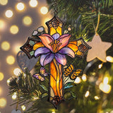 Magnolia Cross Acrylic Suncatcher Stained Glass Effect Window Car Hanging Christmas Ornament Indoor Outdoor Decor Garden Memorial Sun Catcher for Family Christmas Jesus Gift for Women Mom Grandma