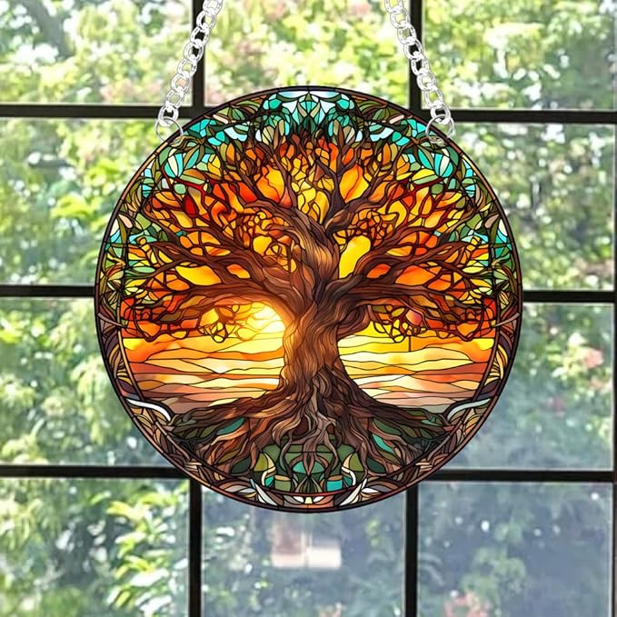 Tree of Life Stained Glass Suncatcher Nature Round Big Trees and Sunset Suncatcher Hanging Decoration with Metal Chain-SunCatchers for Window Decor Outdoor Garden Decor Gift,1PC