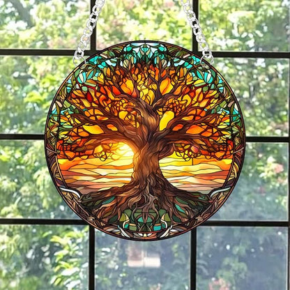 Tree of Life Stained Glass Suncatcher Nature Round Big Trees and Sunset Suncatcher Hanging Decoration with Metal Chain-SunCatchers for Window Decor Outdoor Garden Decor Gift,1PC