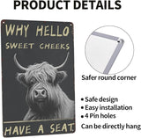 Vintage Bathroom Wall Art - Funny Highland Cattle Metal Tin Sign for Cow Lovers - Boho Retro Decor Gift 8x12 Inch Poster for Bathroom, Garden or Home 'Why Hello Sweet Cheeks Have A Seat' Accessory