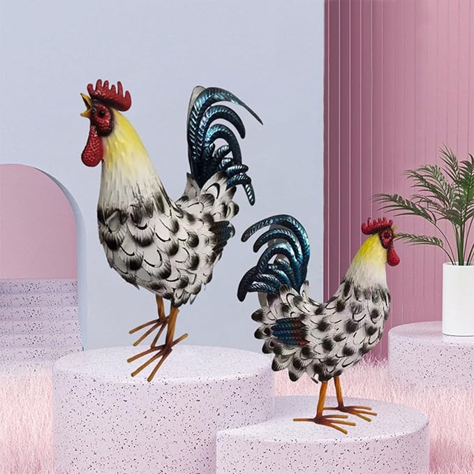 Metal Rooster Decor， Chicken Animal Yard Art Lawn Ornament Figurines Artwork for Outdoor, Patio,Backyard and Home Kitchen Decoration (Black and White)