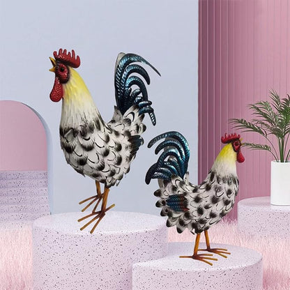 Metal Rooster Decor， Chicken Animal Yard Art Lawn Ornament Figurines Artwork for Outdoor, Patio,Backyard and Home Kitchen Decoration (Black and White)
