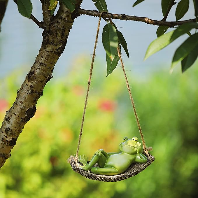 Frog Statues for Garden Outdoors Hanging Sleeping Frog Sculptures Swing Home Décor (Viridity)