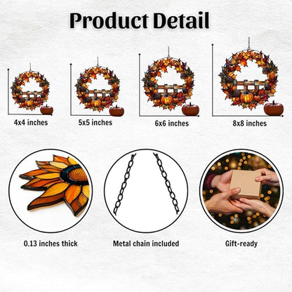Fall Floral Wreath Acrylic Suncatcher Stained Glass Effect Window Car Hanging Christmas Ornament Indoor Outdoor Decor Garden Sun Catcher Panel for Acrylic Suncatcher Lover for Women Mom Grandma