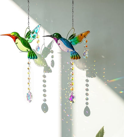 YU FENG 2PCS 18.1" Hummingbird Suncatchers,Stained Glass Window Hanging Ornament for Christmas Tree,Rainbow Maker Crystal Prism Suncatcher Outdoor Indoor Home Garden Party Decoration