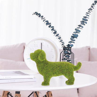 VILLCASE 6.88 Inch Flocked Dog Figurine, Faux Moss Puppy Statue for Garden and Patio Decor, Realistic Green Artificial Topiary Animal Ornament for Indoor Desktop, Shelf and Photography Prop