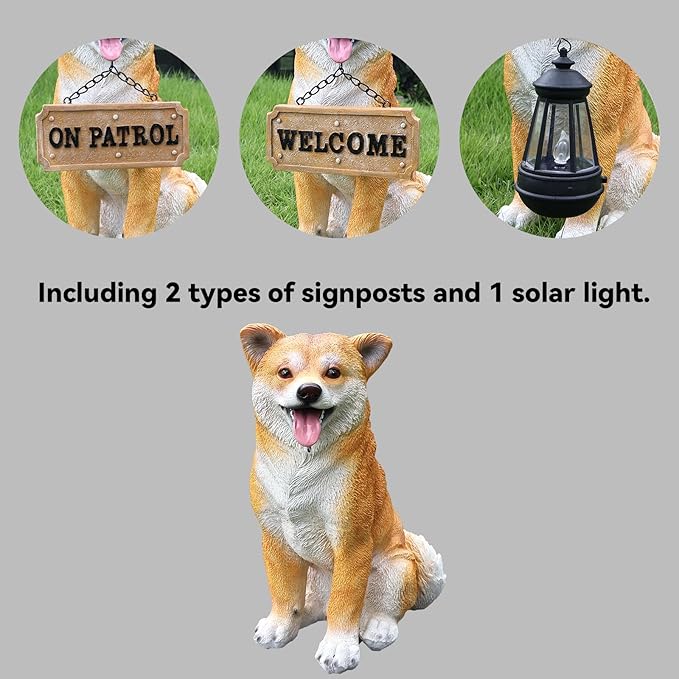 Akita Dog Sculpture with Solar Lantern & Signposts, 'On Patrol' & 'Welcome' - Outdoor Decorative Resin Dog Statue for Yard, Patio, Garden