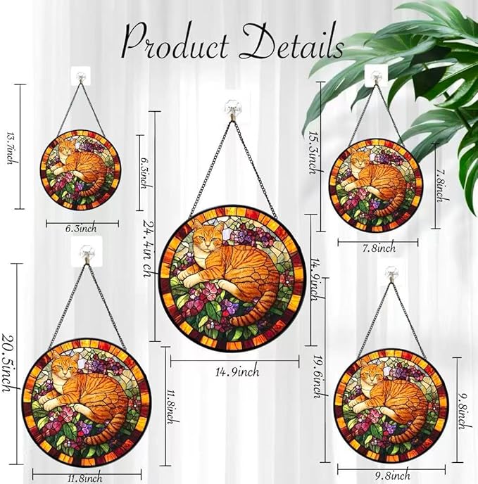 Funoasis Stained Glass Window Hanging Suncatcher, 6.3 Inches - Orange Cat on Purple Flowers, Unique Home Decor for Living Room/Dining Room, Perfect Birthday/Mother's Day for Women
