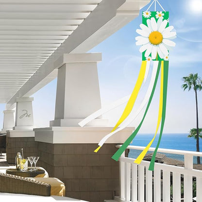 40 Inches 3D Daisy Windsock Decoration, Dimensional Hanging Outdoor Wind Sock with Green, White, and Yellow Streamers for Garden, Yard, Porch, Spring and Floral-Themed Party Decor