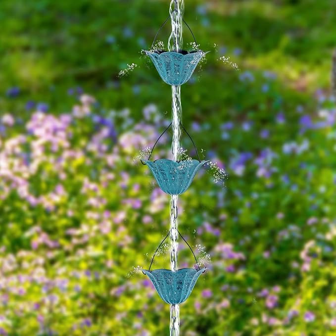 Rain Chains for Gutters Outside 8.5FT Rain Catcher Chain with 12 Blue Tulip Cups Decorative Replacement for Downspout